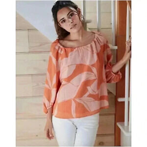 A New Day Womens Blouse Orange Floral Long Sleeve Batwing Dolman Stretch Boho XS